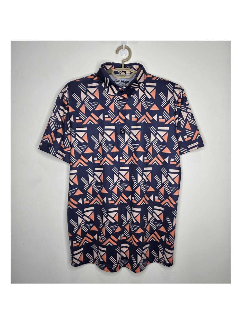 Full Wedge blue orange cream geometric print short sleeve golf polo shirt medium